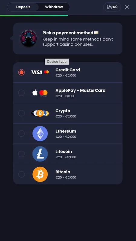 Cashier payment method selection screen