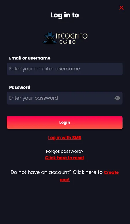 Alternative Incognito Casino login form with reset link