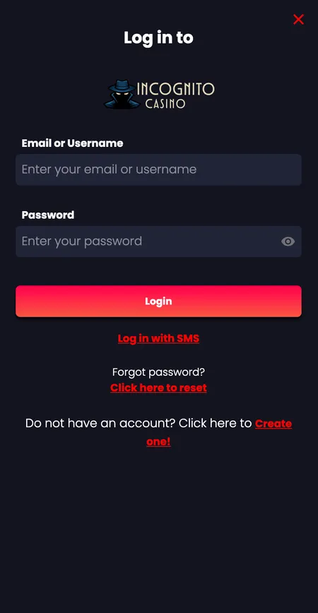 Incognito Casino login screen on mobile