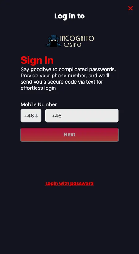 Incognito Casino SMS login with phone number