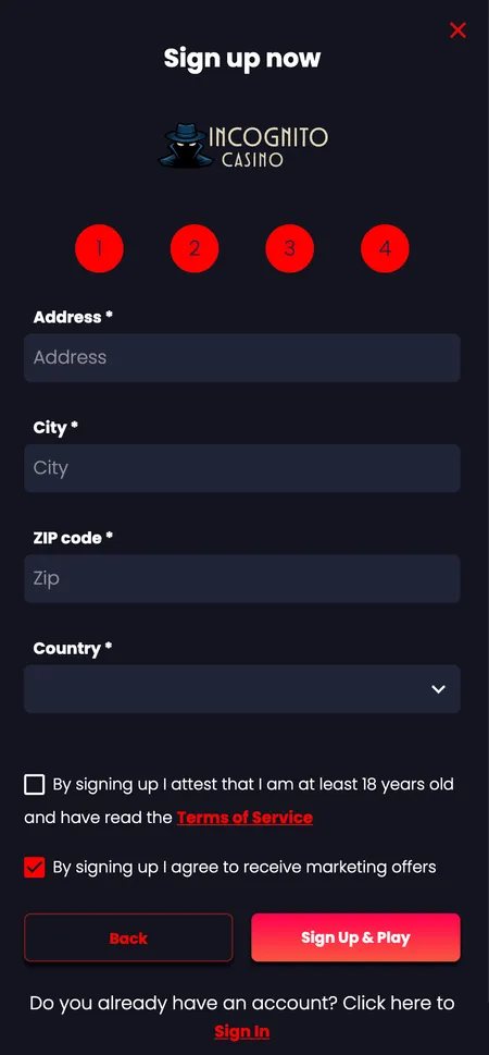 Registration step 4 - address and terms