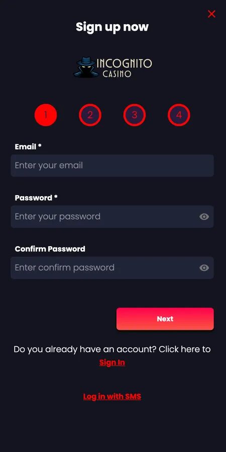 Registration step 1 - email and password form